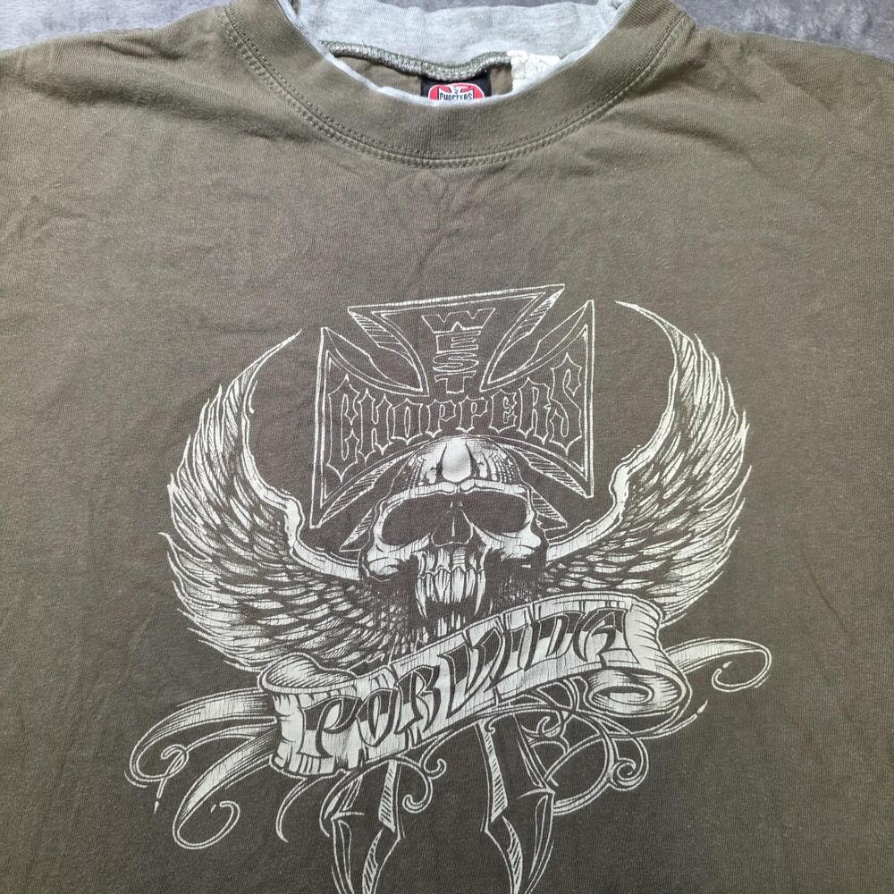 West Coast Choppers Shirt Mens Large Green Long Sleeve Por Vida Skull Wings